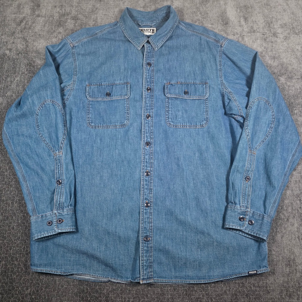 Duluth Trading Co Mens 2XL Denim Button Up Shirt Blue Reinforced Elbows XXL